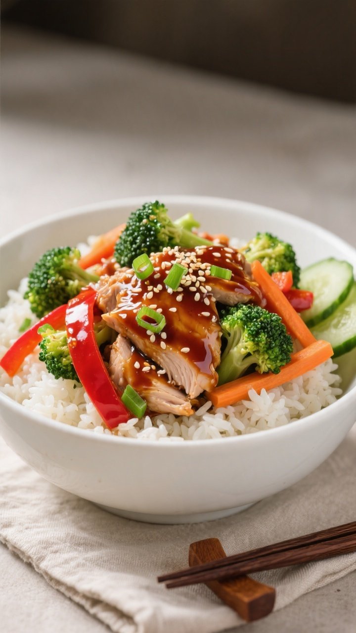 Final dish, plated beauty: Teriyaki Turkey Rice Bowl artfully arranged in a wide white bowl over flu