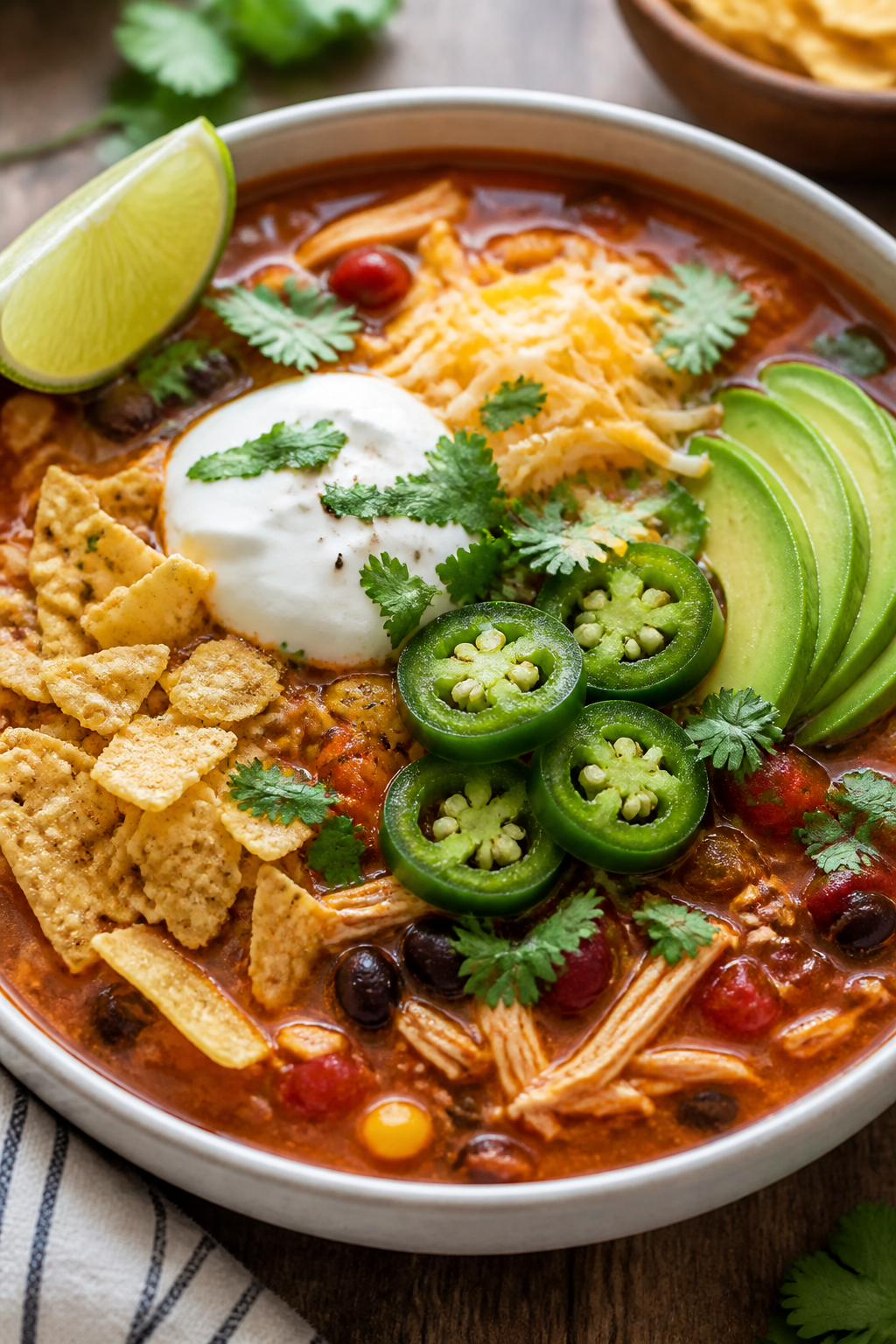 Final dish, plated bowl close-up: A cozy bowl of Easy High Protein Chicken Taco Soup, hero shot with