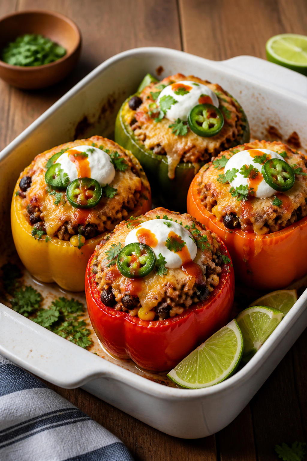 Final dish, plated portrait: Taco stuffed bell peppers fresh from the oven, cheese melted and lightl