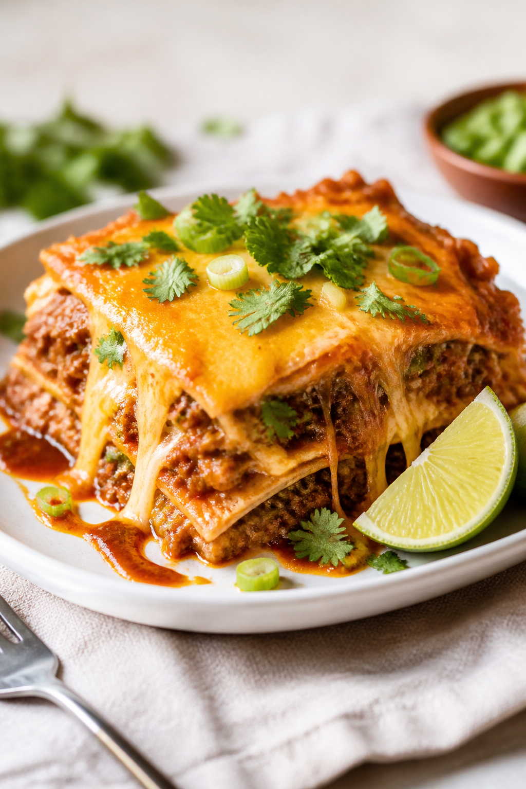 Final dish, plated presentation: A golden, bubbly beef enchilada casserole square just sliced and ne