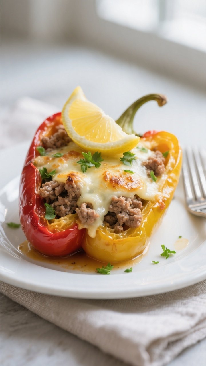 Final dish, plated presentation: Beautifully plated high-protein ground turkey stuffed peppers (mixe