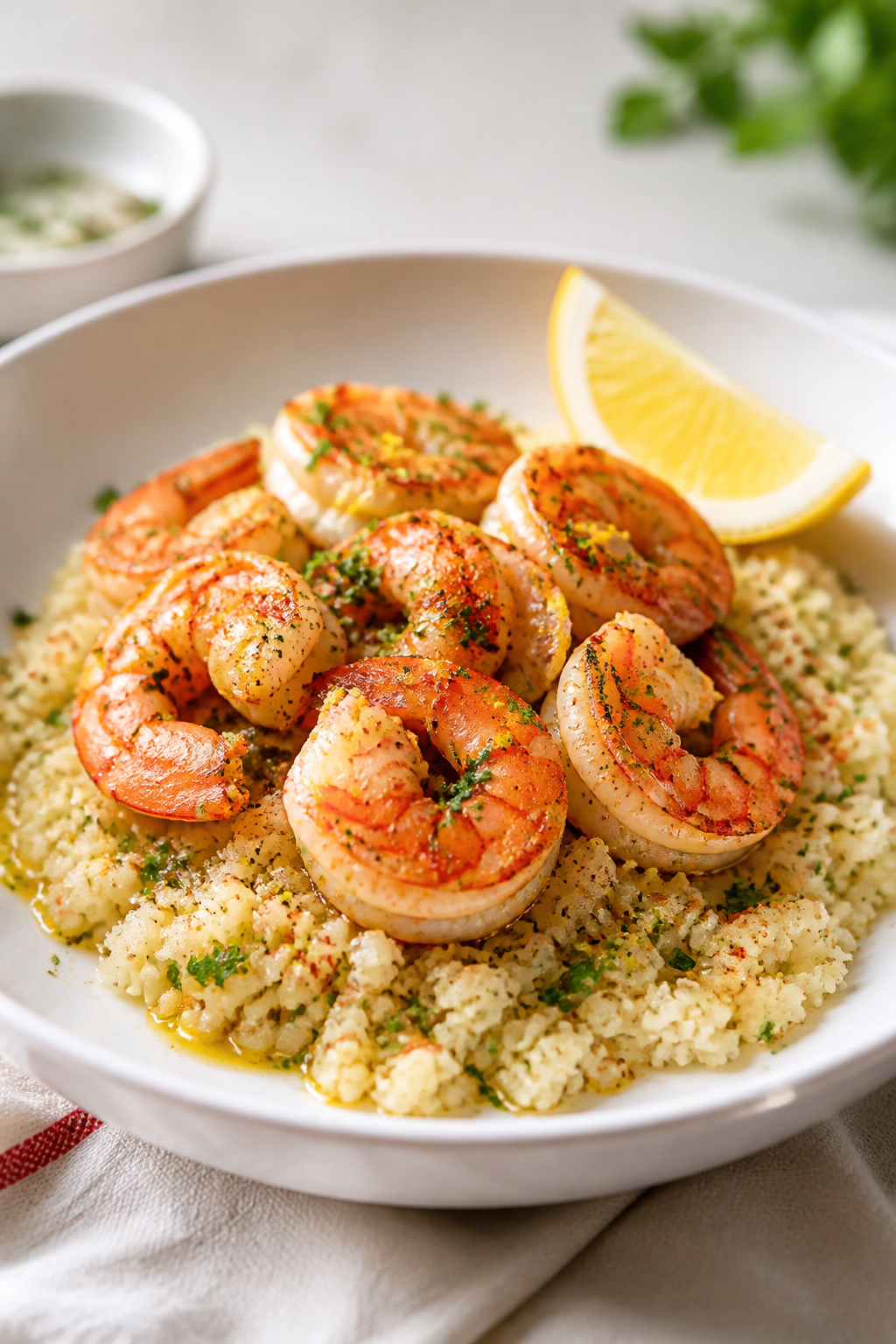 Final dish, plated presentation: Beautifully plated Garlic Butter Shrimp & Cauliflower Rice in a sha