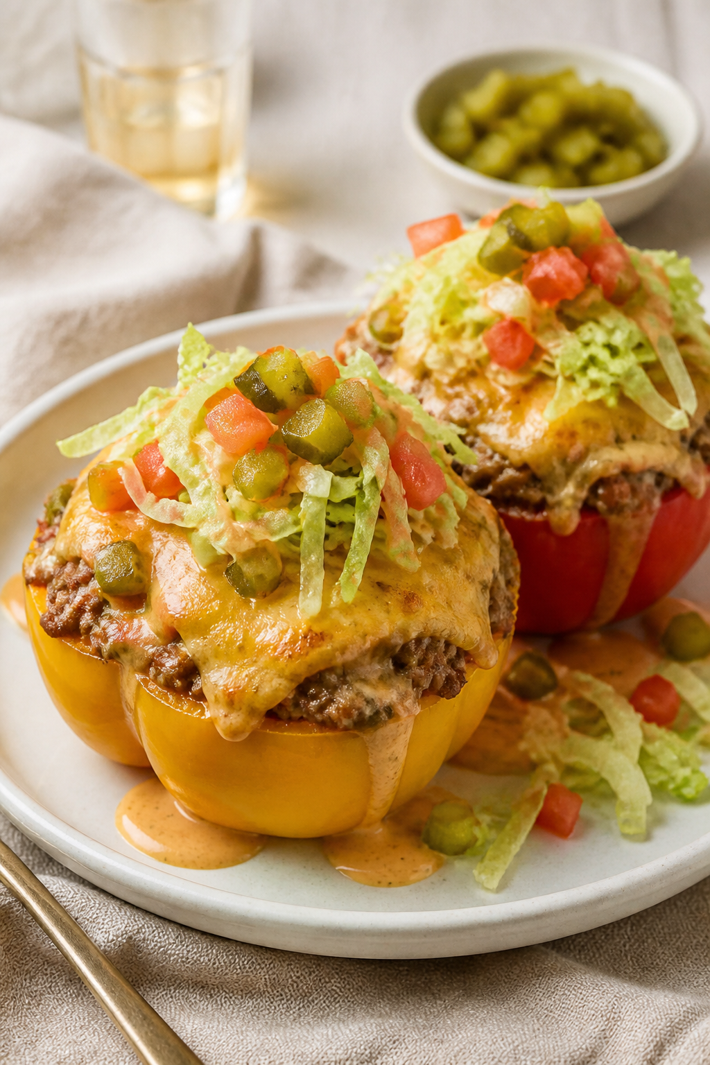 Final dish, plated presentation: Cheeseburger stuffed bell peppers just out of the oven, cheese melt