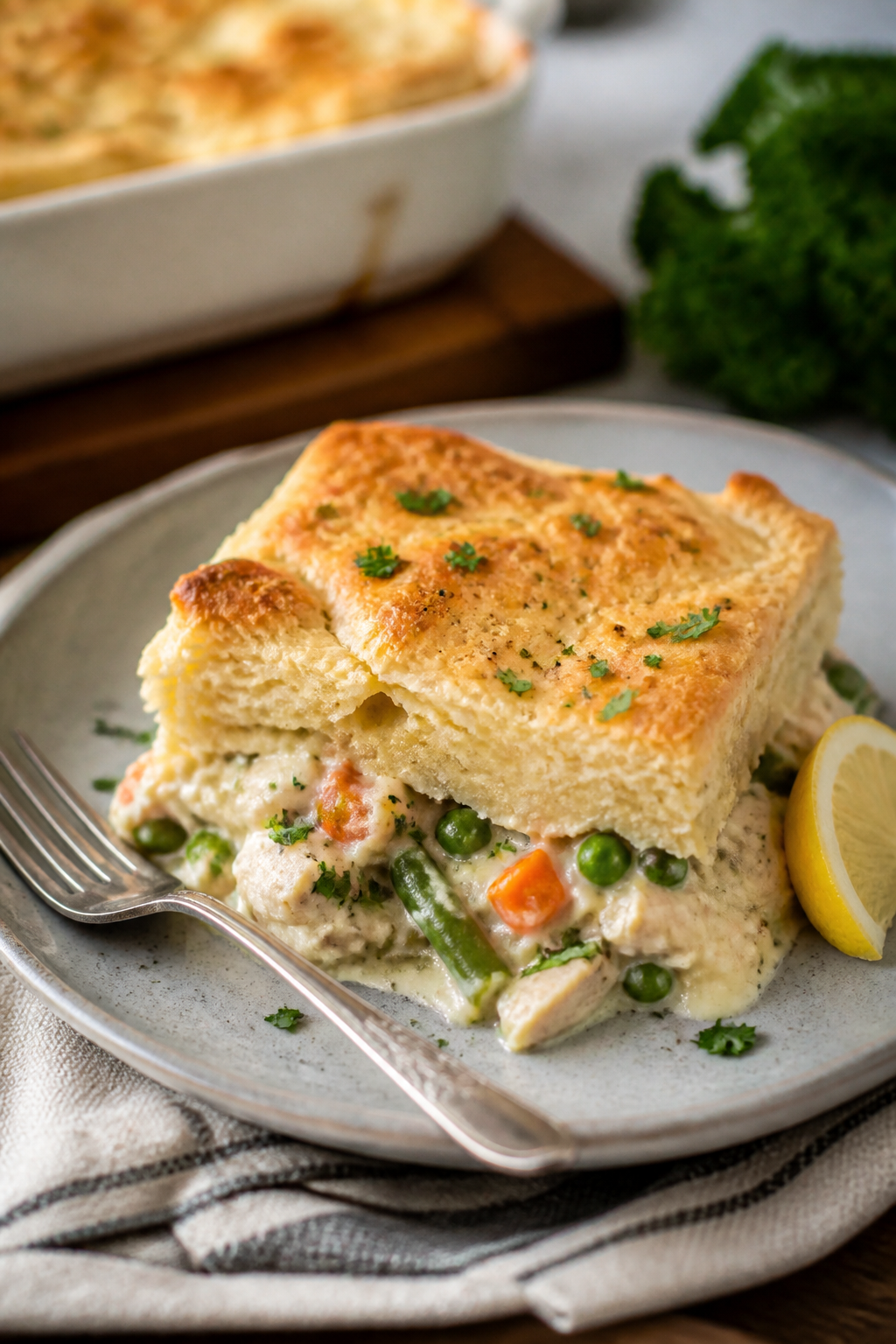 Final dish plated: Restaurant-quality presentation of a generous square of Lazy Chicken Pot Pie Bake