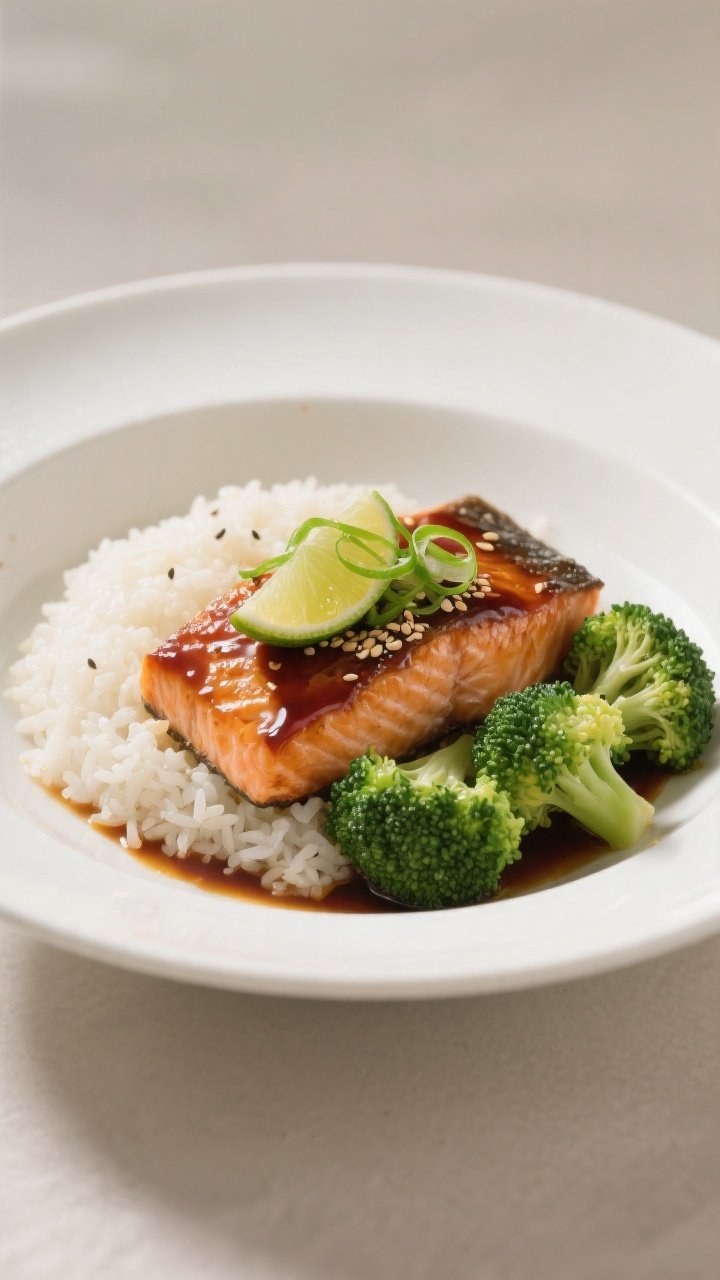 Final dish, plated restaurant style: Teriyaki Salmon with Broccoli plated over a neat mound of steam