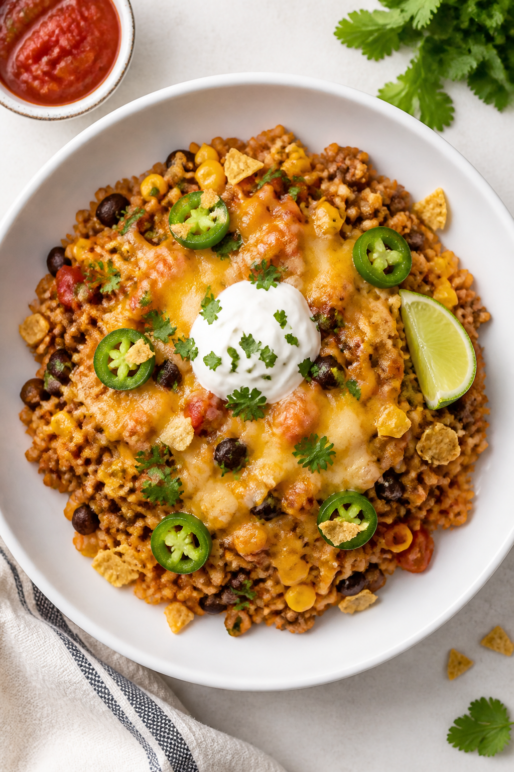 Final dish, plated, top view: Tasty top-down shot of a generous scoop of Cheesy Ground Turkey Taco S