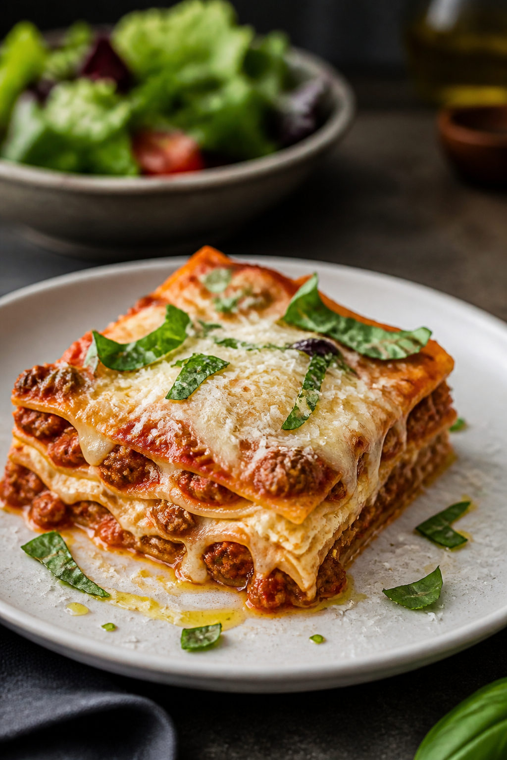 Final dish presentation: A generous square slice of the Lazy Lasagna Ravioli Bake plated on a matte 
