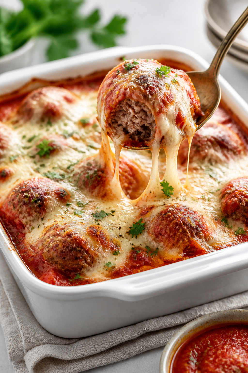 Final dish presentation: Beautifully baked Keto Meatball Parmesan Bake just out of the oven, blanket