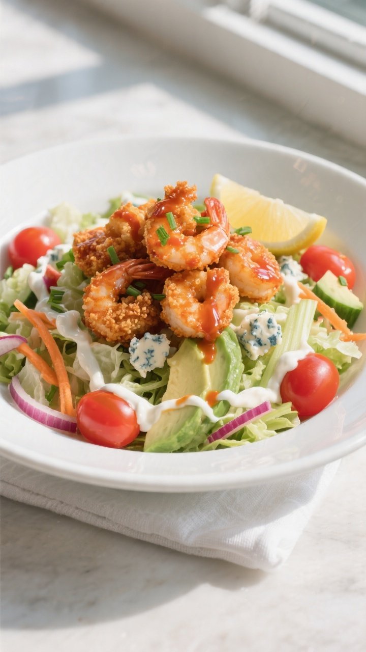 Final dish presentation: Beautifully plated Crispy Buffalo Shrimp Salad in a wide, shallow white bow