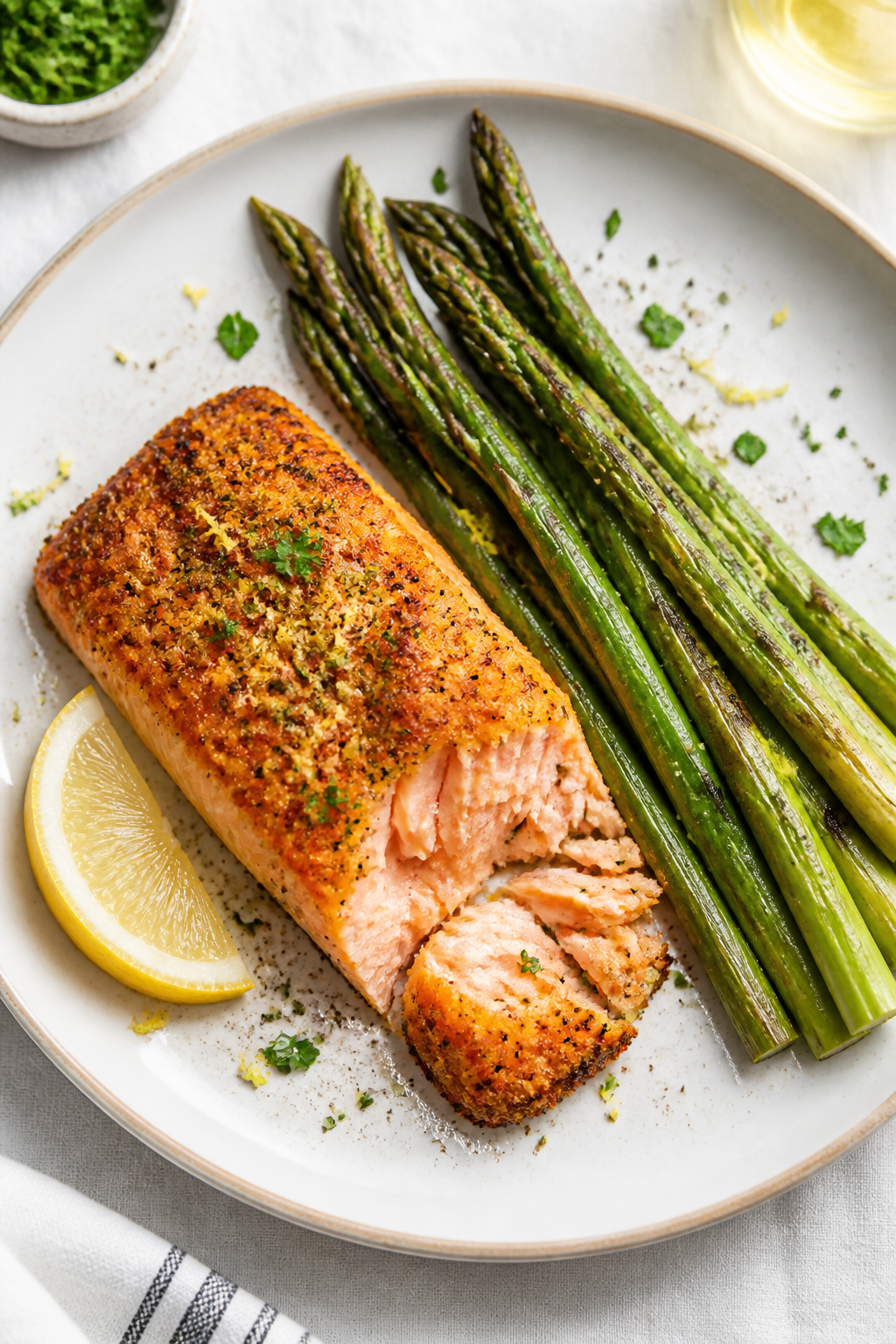 Final dish presentation: Beautifully plated Crispy Parmesan Crusted Salmon on a white rimmed plate,