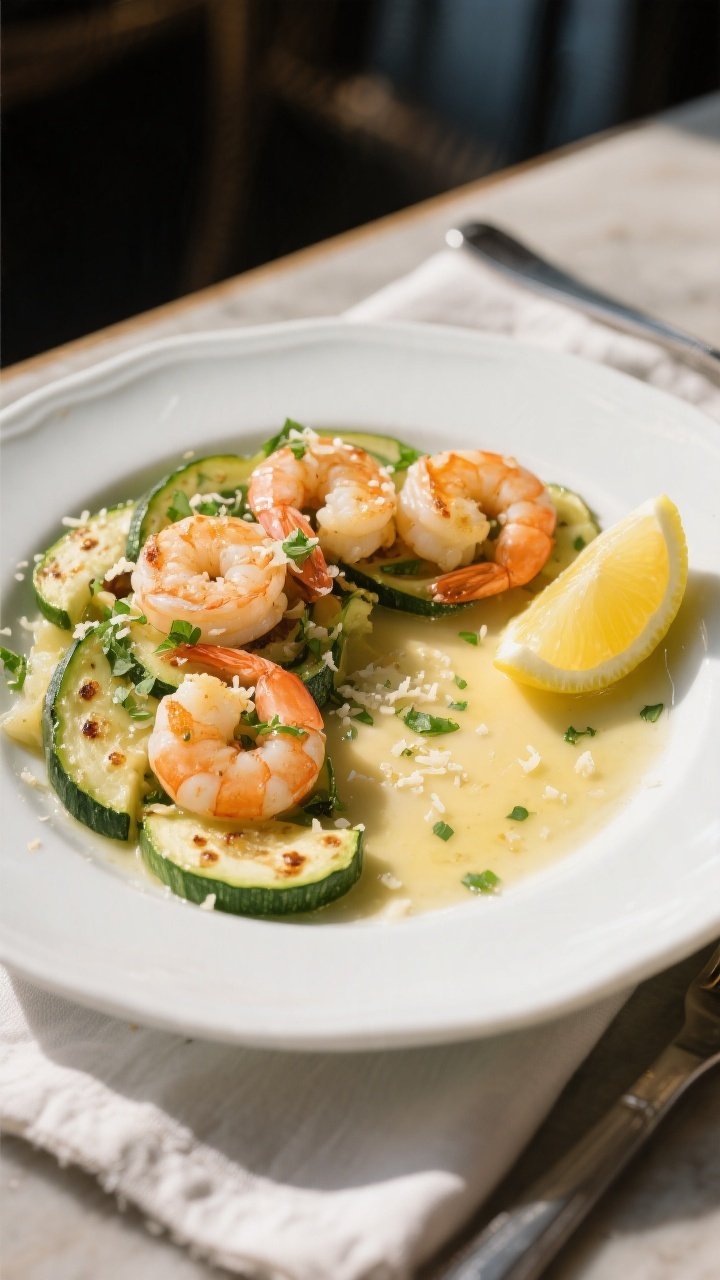 Final dish presentation: Beautifully plated Garlic Butter Shrimp Zucchini Skillet on a wide white ce