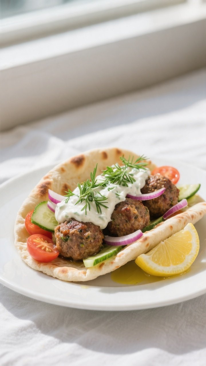 Final dish presentation: Beautifully plated Greek turkey meatballs tucked into warm pita with a gene