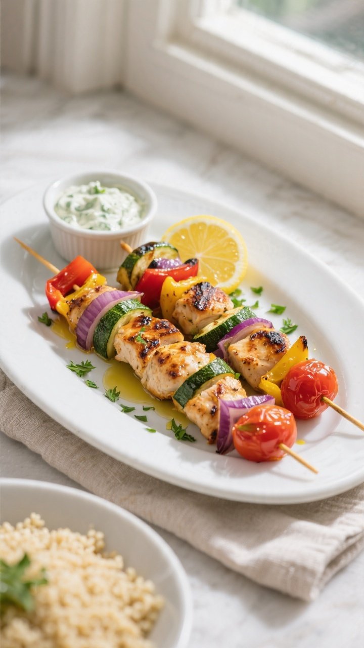 Final dish presentation: Beautifully plated Grilled Veggie Chicken Kabobs arranged on a white oval p