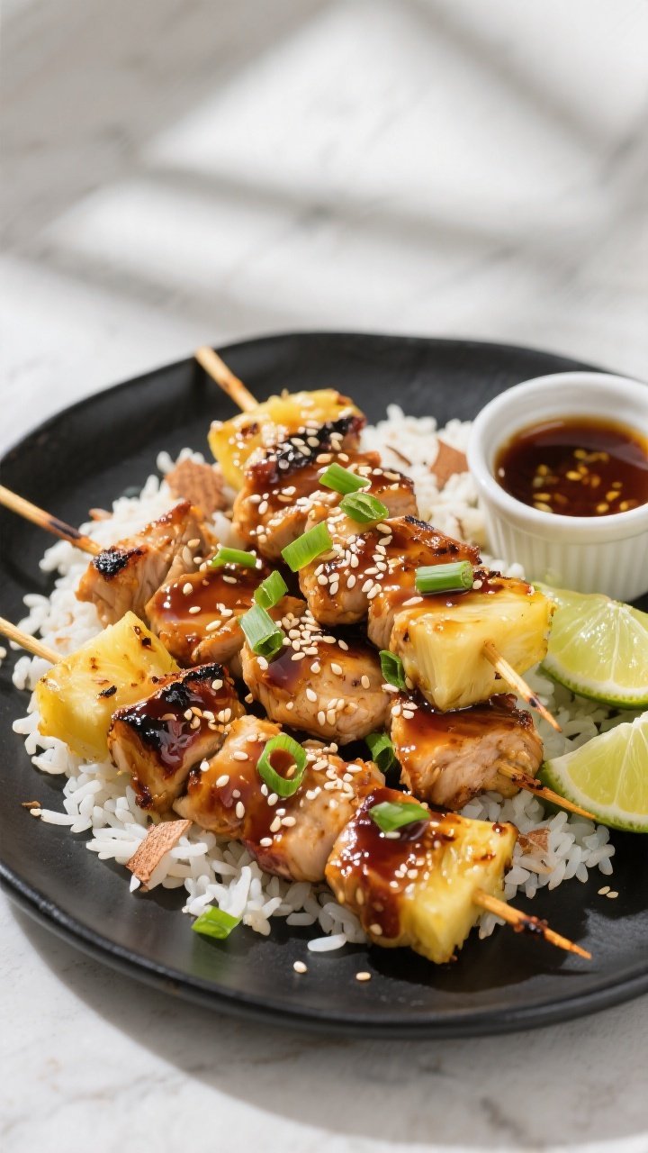 Final dish presentation: Beautifully plated Grilled Pineapple Teriyaki Chicken Skewers on a matte bl