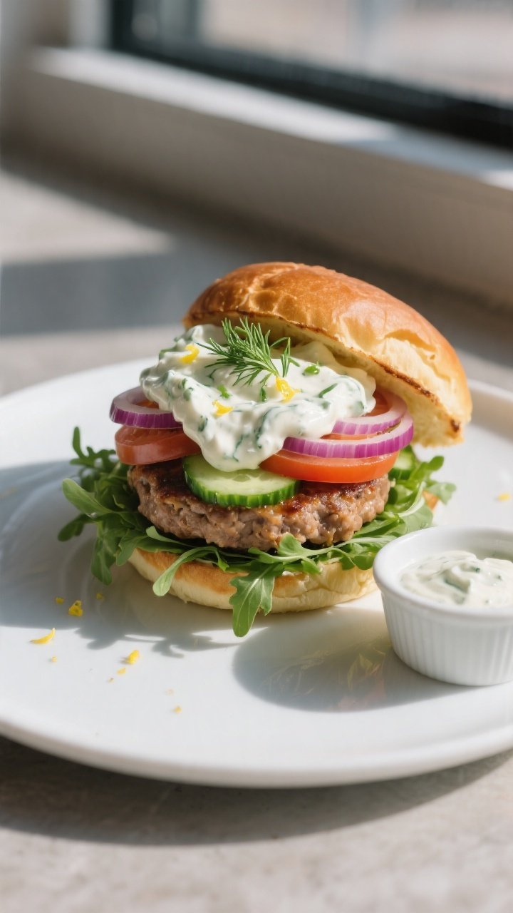 Final dish presentation: Beautifully plated Healthy Greek Turkey Burger with Tzatziki on a toasted b