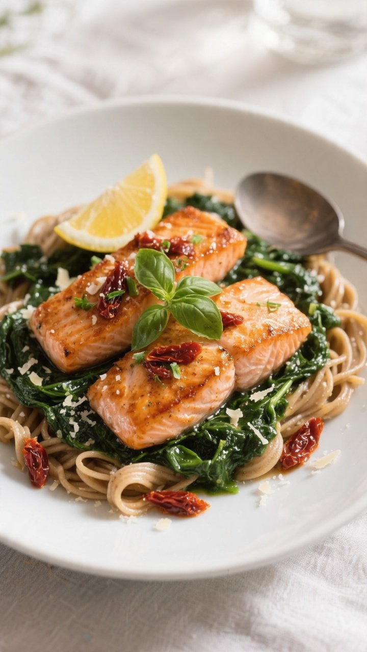 Final dish presentation: Beautifully plated Healthy Tuscan Salmon with Spinach—two seared salmon f
