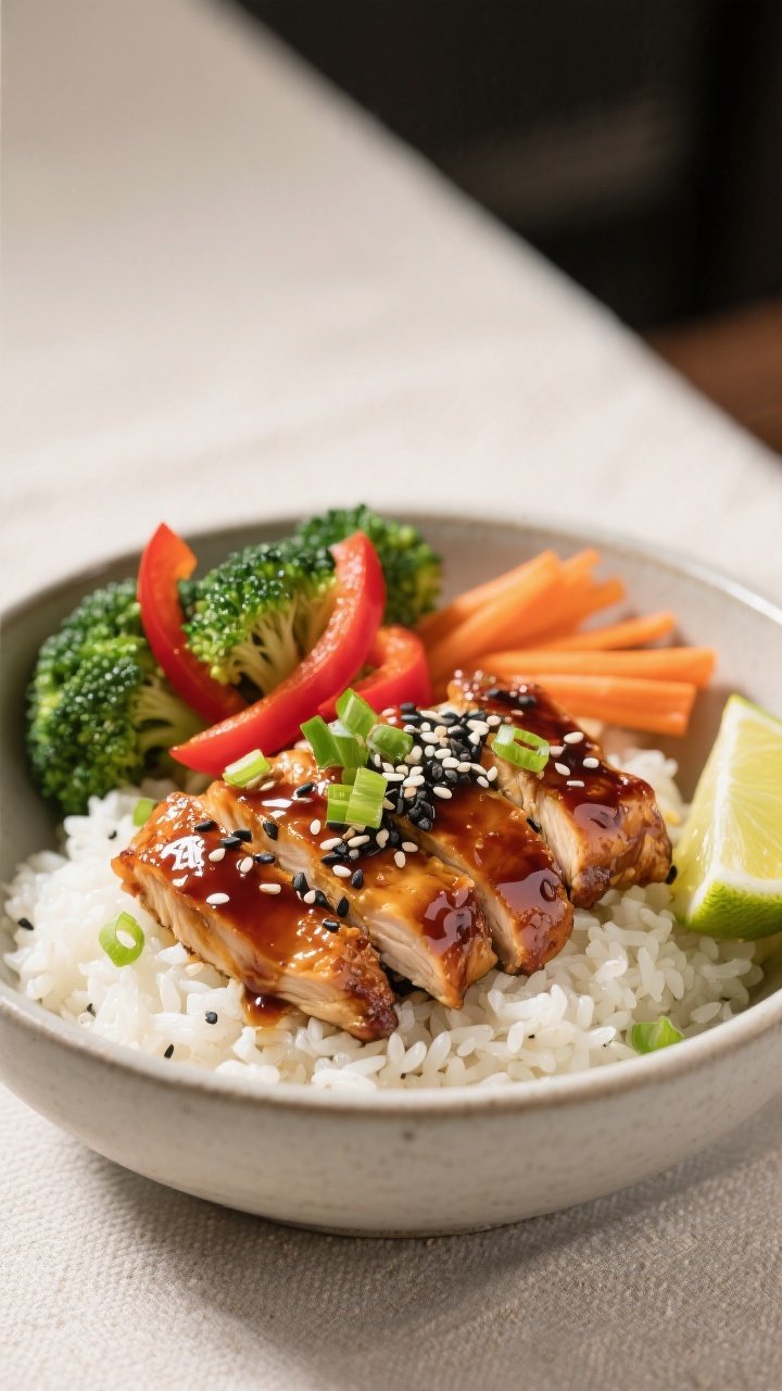 Final dish presentation: Beautifully plated High-Protein Teriyaki Chicken Rice Bowl with fluffy jasm