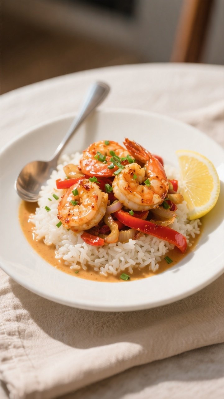 Final dish presentation: Beautifully plated High Protein Creamy Cajun Shrimp over fluffy white rice,