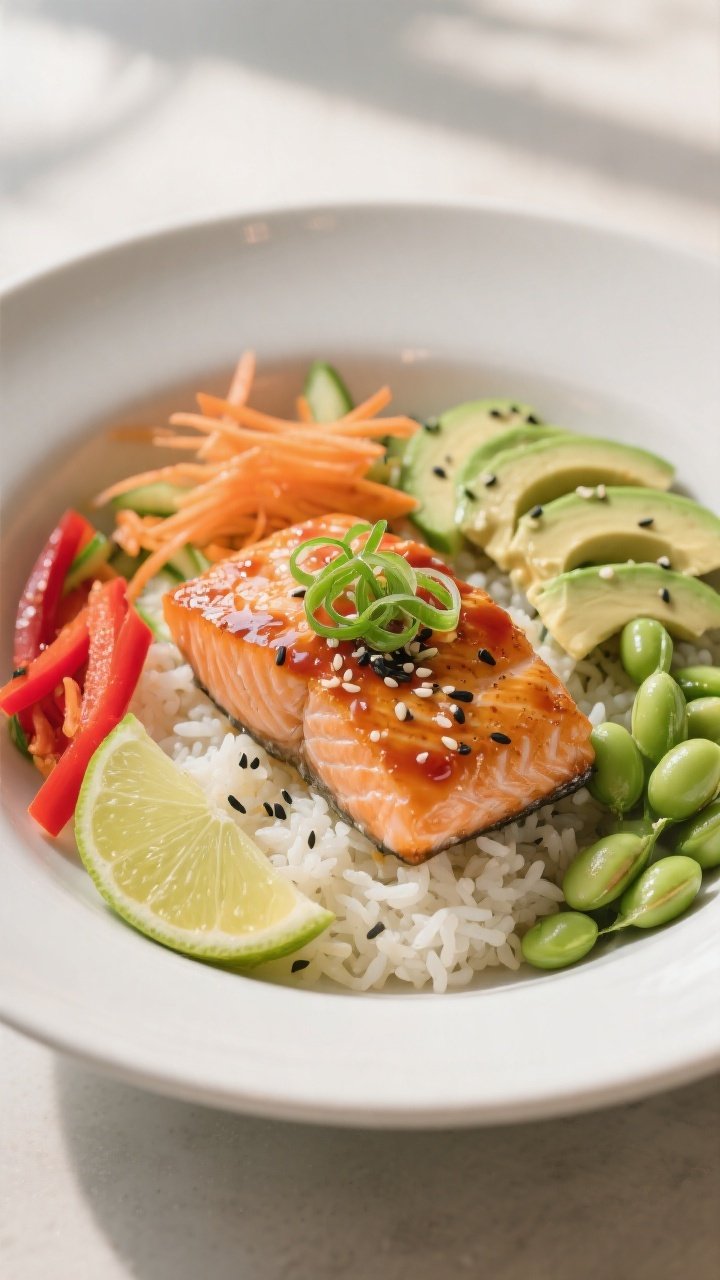 Final dish presentation: Beautifully plated High-Protein Honey Sriracha Salmon Bowl in a wide, matte
