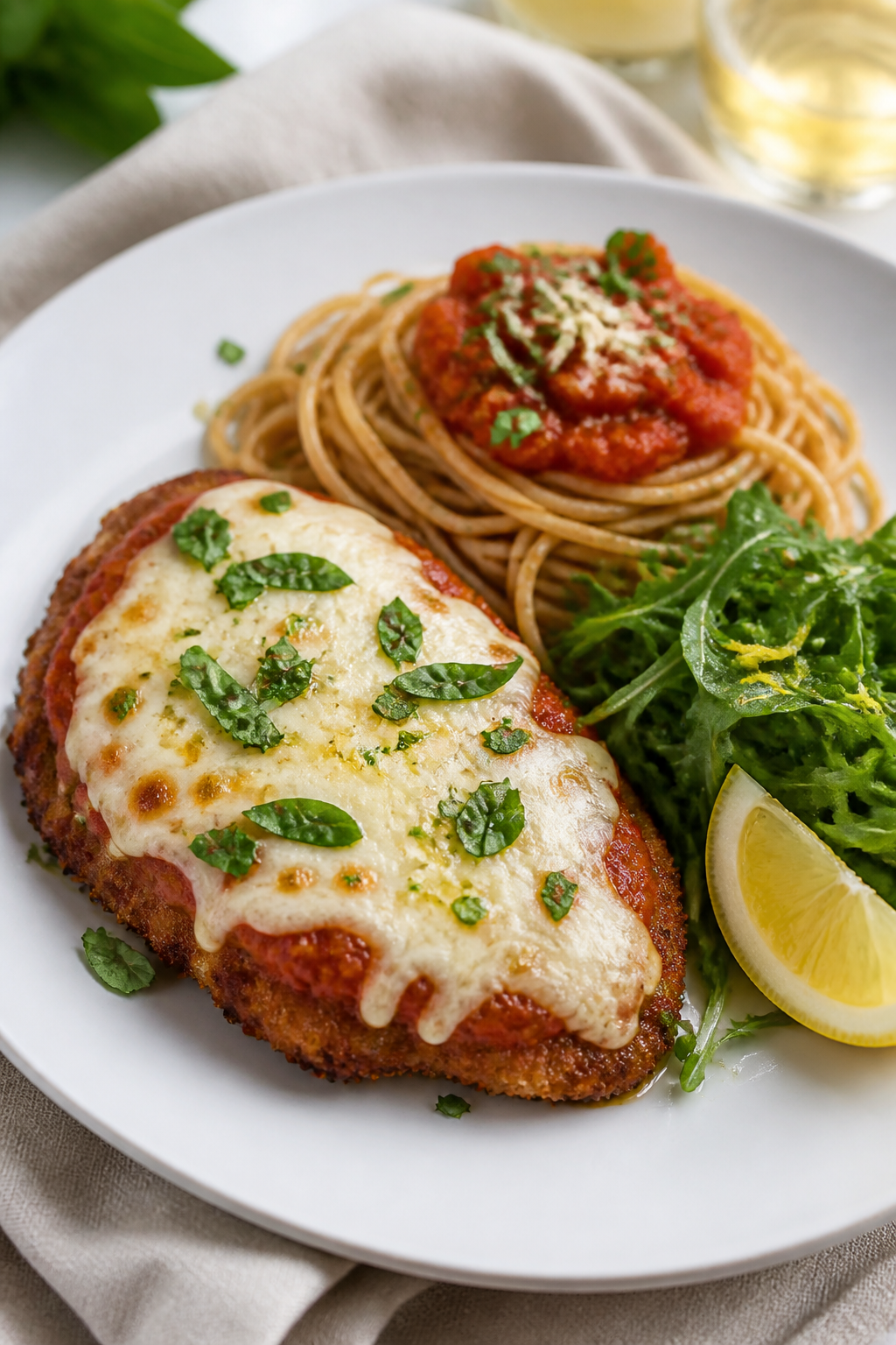 Final dish presentation: Beautifully plated High Protein Chicken Parmesan cutlet on a white ceramic 