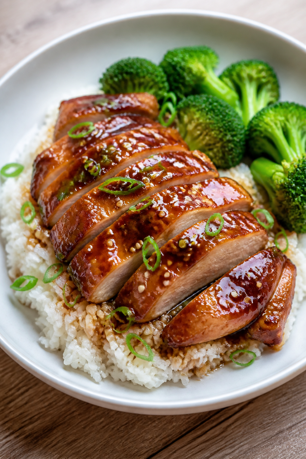 Final dish presentation: Beautifully plated high-protein honey garlic chicken thighs sliced to revea