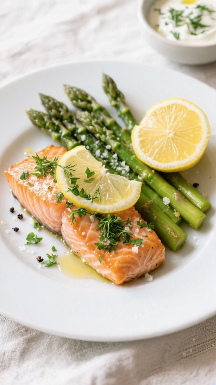 Final dish presentation: Beautifully plated High-Protein Lemon Herb Salmon & Asparagus on a matte wh