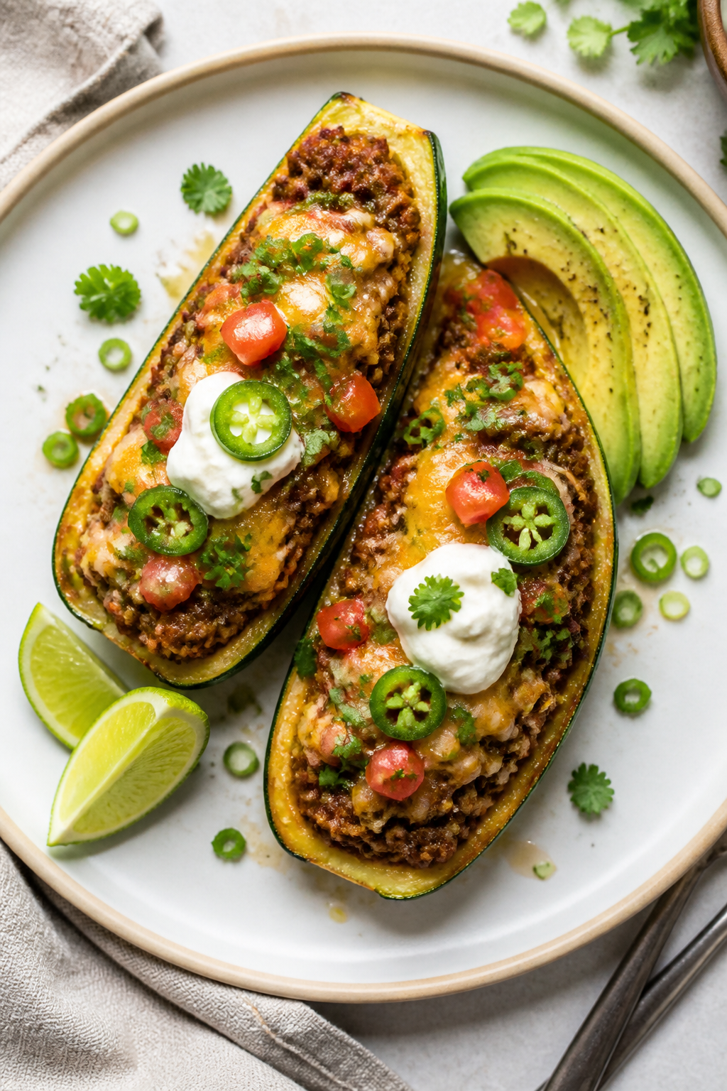 Final dish presentation: Beautifully plated High Protein Beef Taco Stuffed Zucchini Boats, two per p