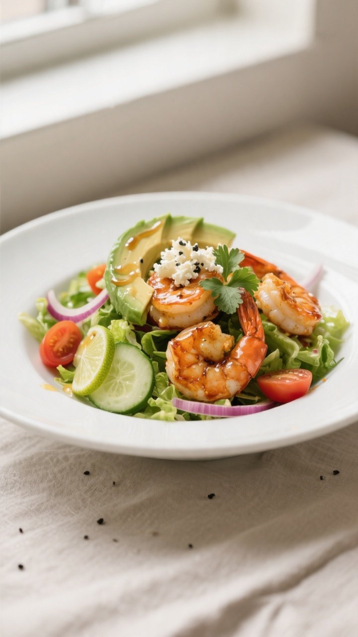 Final dish presentation: Beautifully plated Honey Lime Shrimp Salad on a wide, low white bowl—cris