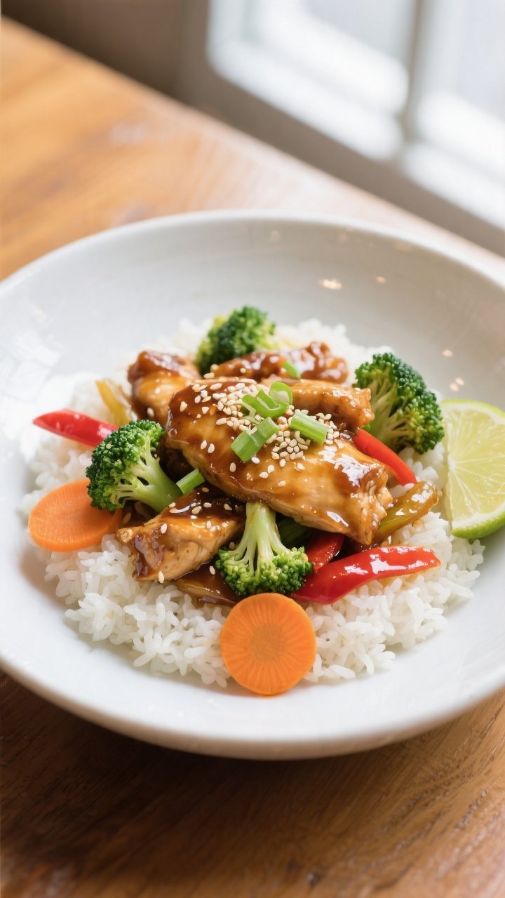 Final dish presentation: Beautifully plated Honey Garlic Chicken Stir Fry over fluffy jasmine rice i