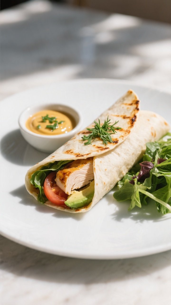Final dish presentation: Beautifully plated Honey Mustard Grilled Chicken Wrap, cut on a diagonal to