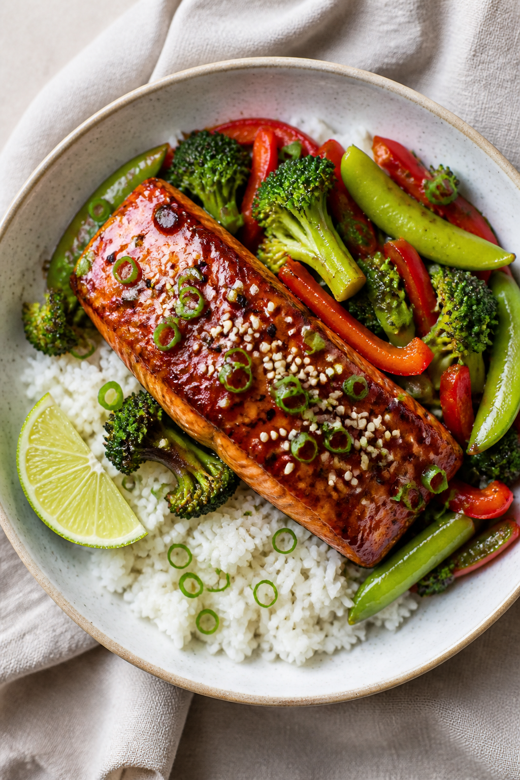 Final dish presentation: Beautifully plated honey garlic salmon meal prep bowl, of fluffy jasmine ri