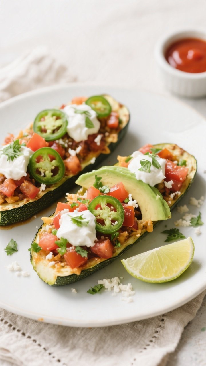 Final dish presentation: Beautifully plated Loaded Taco Zucchini Boats on a matte white platter, top