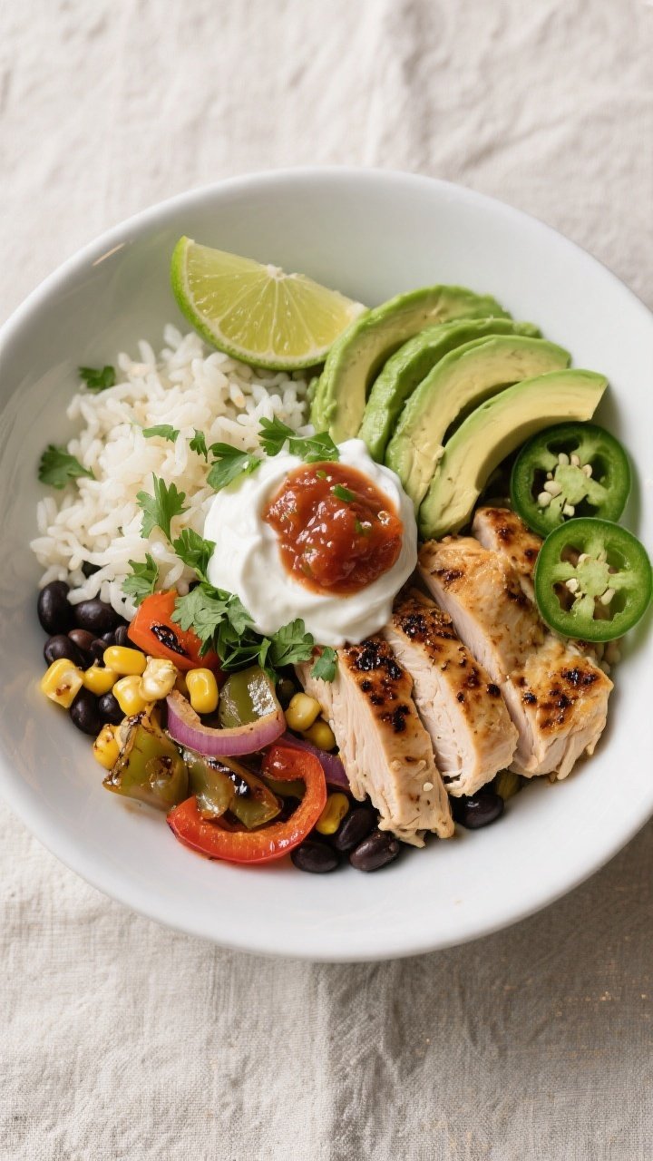 Final dish presentation: Beautifully plated Loaded High-Protein Chicken Burrito Bowl, —neat sectio