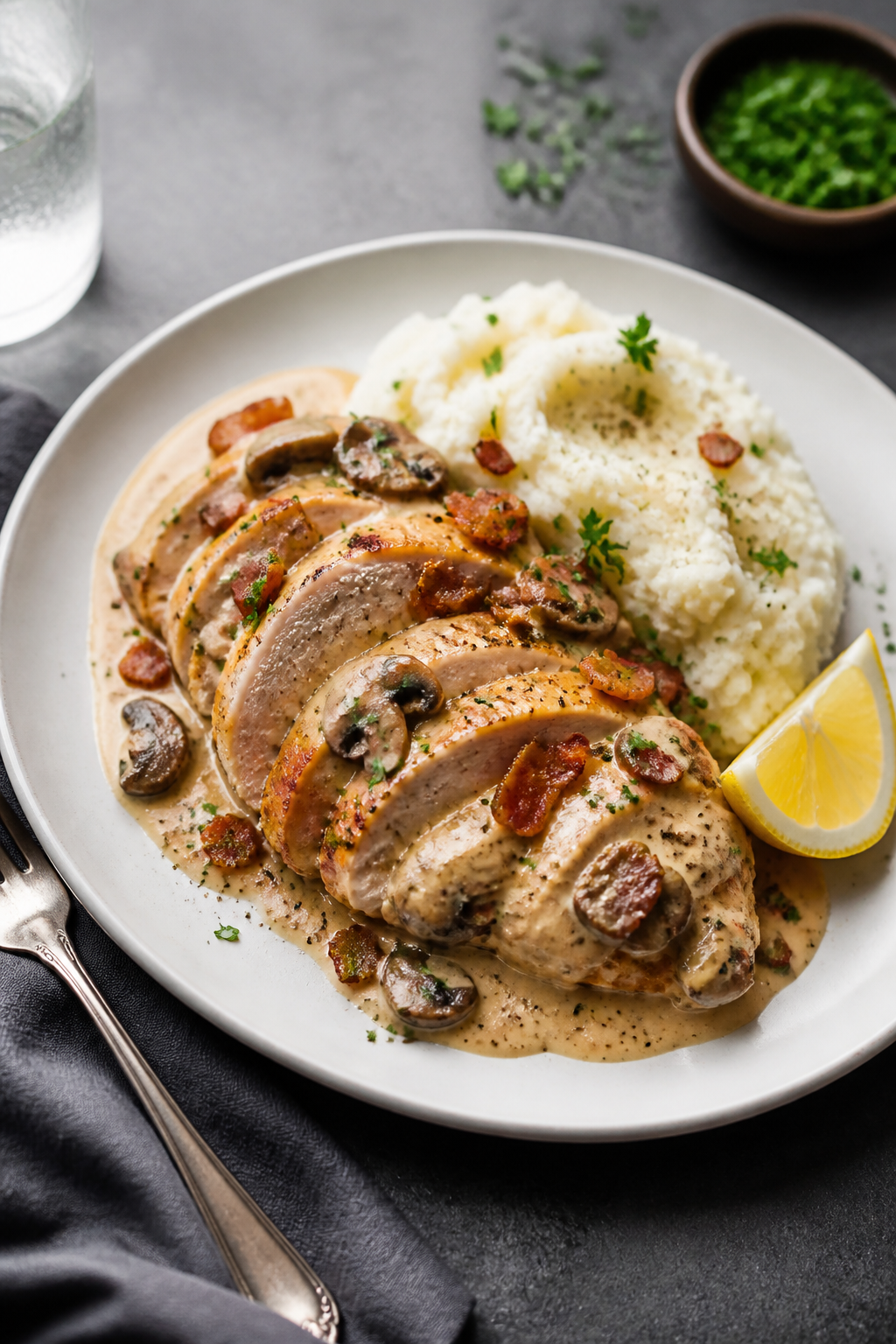Final dish presentation: Beautifully plated Low Carb Creamy Bacon Mushroom Chicken on a matte white 