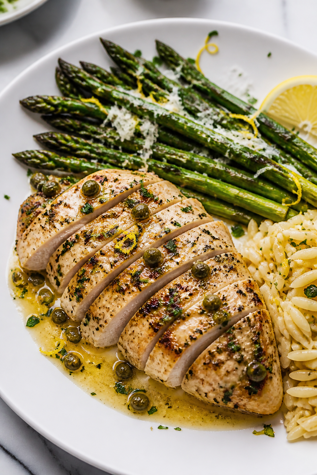 Final dish presentation: Beautifully plated One Pan Lemon Herb Chicken & Asparagus on a white cerami