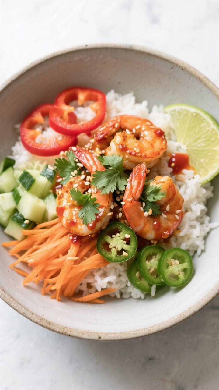 Final dish presentation: Beautifully plated Spicy Shrimp Rice Bowl in a wide, matte ceramic bowl—f