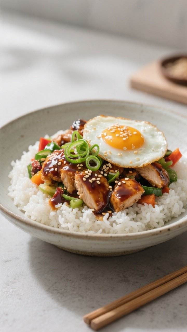 Final dish presentation: Beautifully plated Teriyaki Chicken Rice Bowl in a wide, shallow ceramic bo