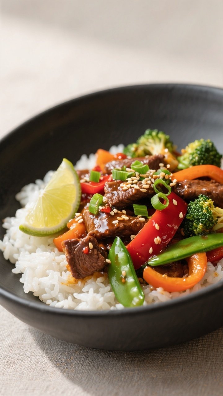 Final dish presentation: Beef and Veggie Stir Fry plated over fluffy white rice in a wide, matte-bla