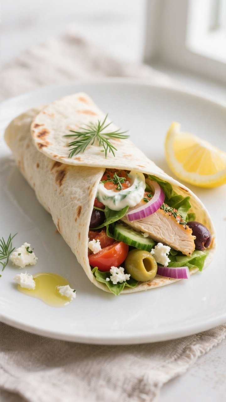 Final dish presentation: Fully assembled Greek Chicken Wrap cut on the bias and stacked, revealing j
