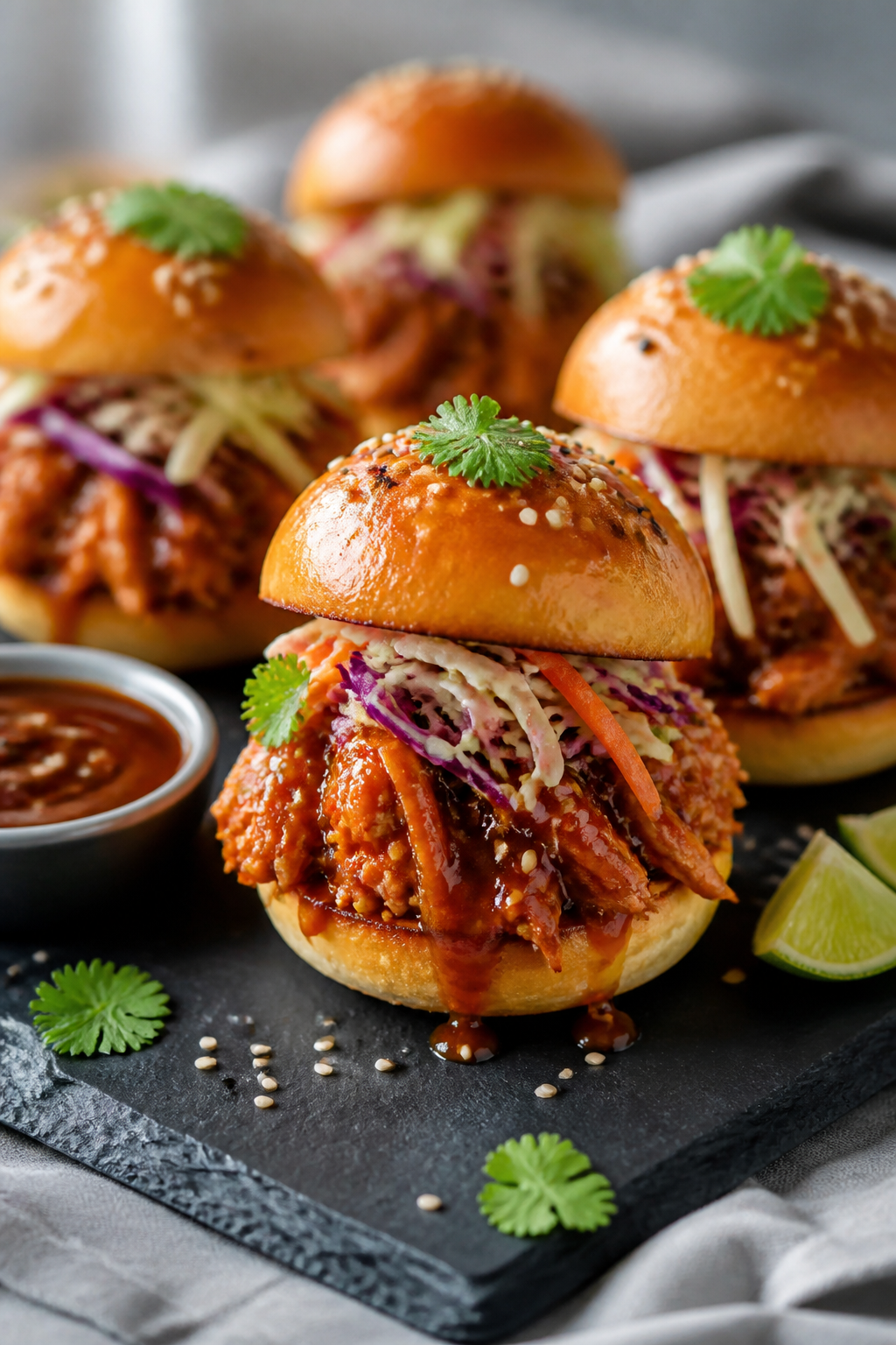 Final dish presentation: Hawaiian BBQ chicken sliders on toasted brioche slider buns, piled high wit