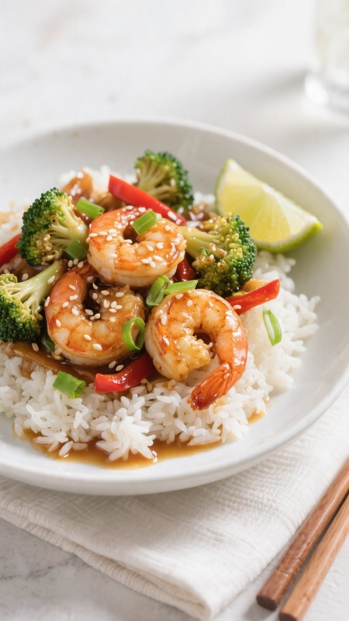 Final dish presentation: Honey Garlic Shrimp Stir Fry plated over fluffy jasmine rice in a wide whit