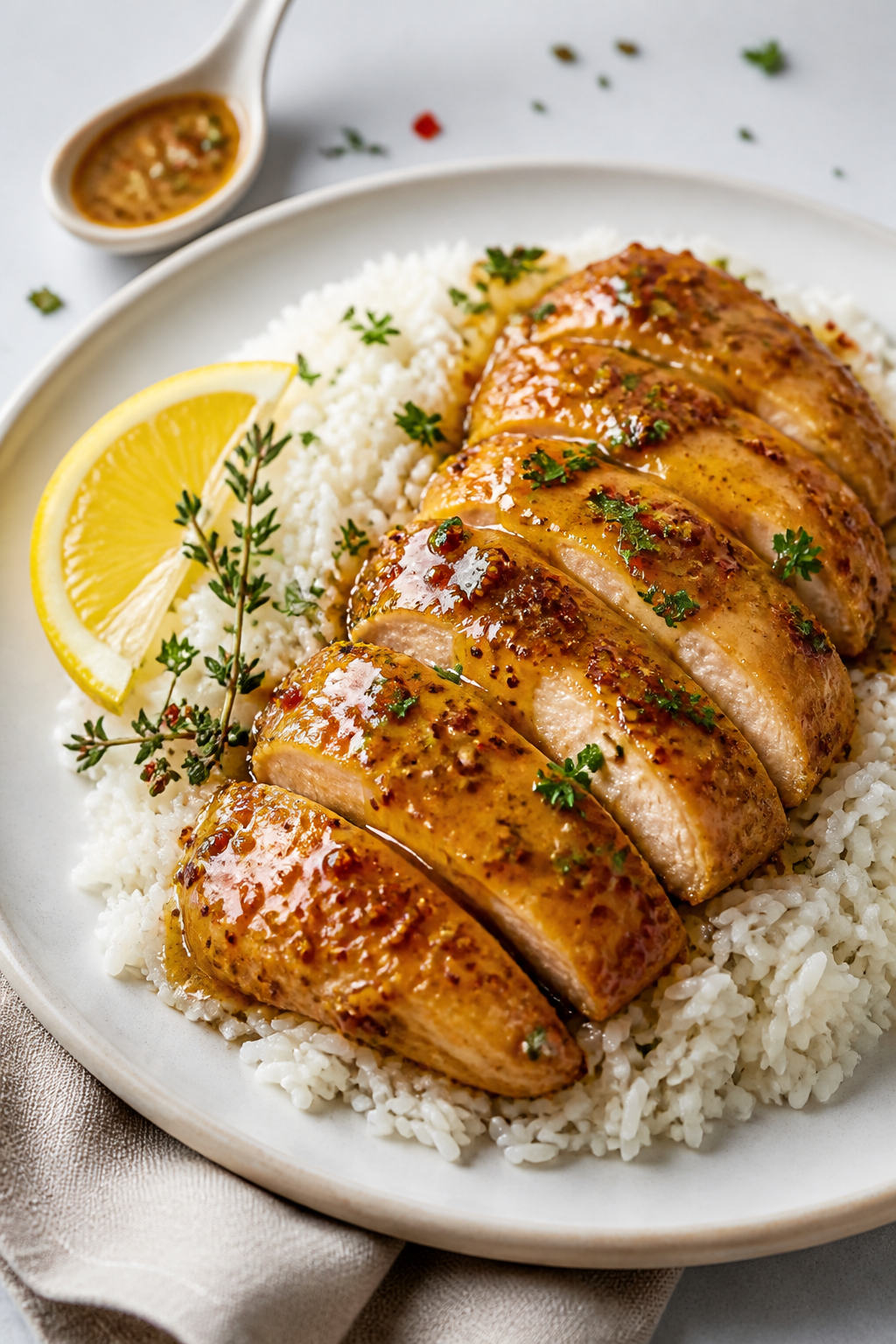 Final dish presentation: Honey mustard chicken plated restaurant-style on a warm white ceramic plate
