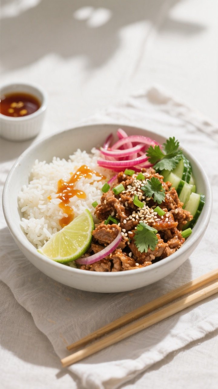 Final dish presentation: Hot Honey Ground Turkey Rice Bowl beautifully plated in a wide matte-white 