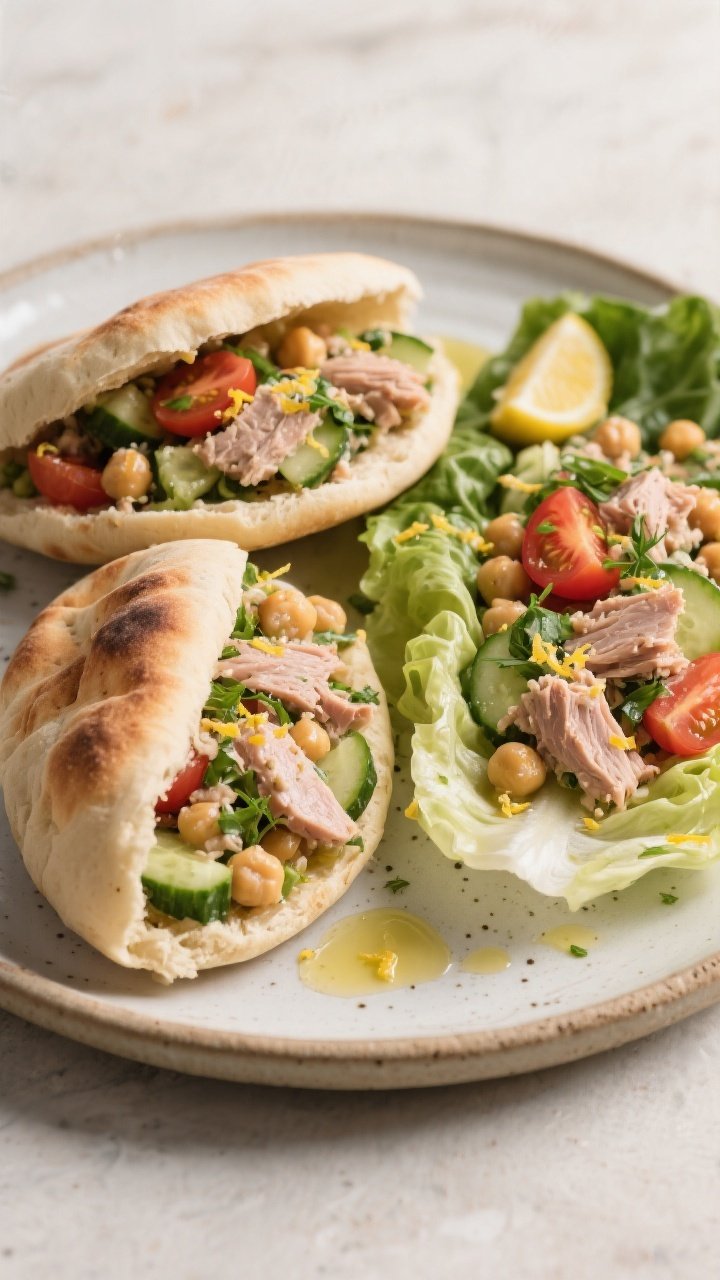 Final dish presentation: Mediterranean Tuna Chickpea Salad stuffed into warm pita halves and also sp