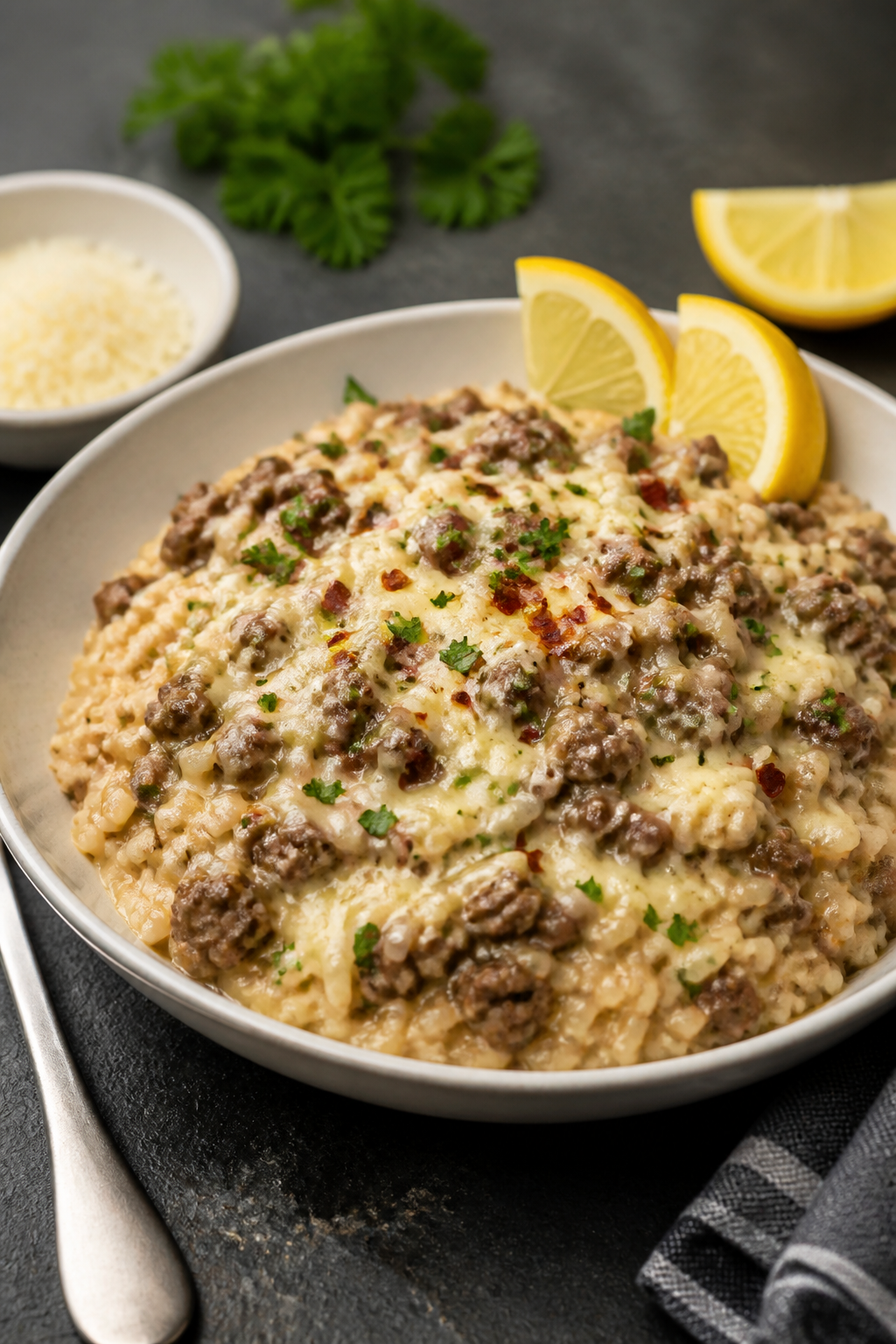 Final dish presentation: Restaurant-quality bowl of One-Skillet Garlic Parmesan Beef Rice, fluffed a