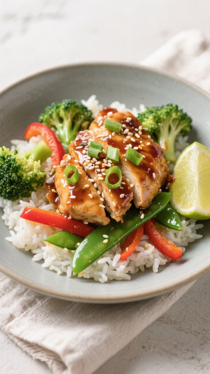 Final dish presentation: Restaurant-quality bowl of Spicy Honey Garlic Chicken over fluffy jasmine r