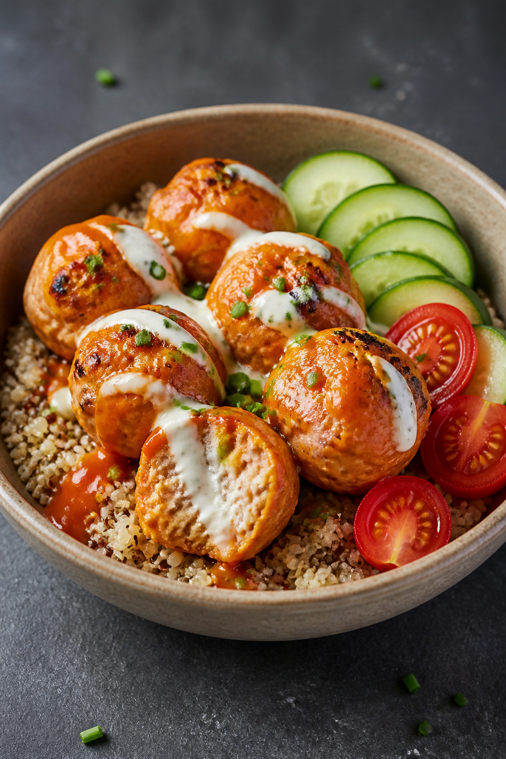 Final dish presentation: Restaurant-quality bowl of buffalo turkey meatballs served over a base of w