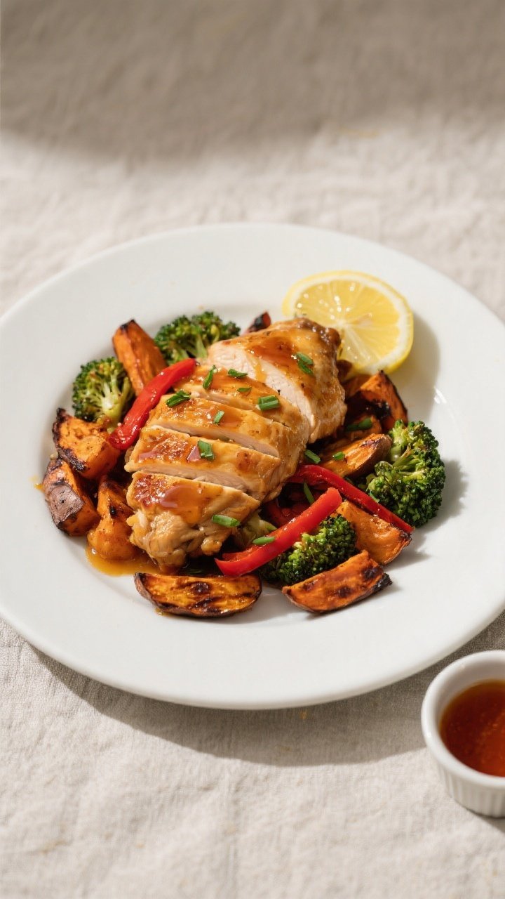 Final dish presentation: Restaurant-quality plate of Hot Honey Chicken & Roasted Veggies, arranged w