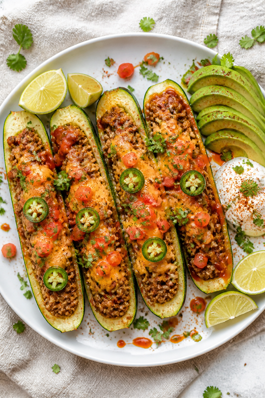 Final dish presentation: Restaurant-quality plate of finished ground beef taco zucchini boats arrang