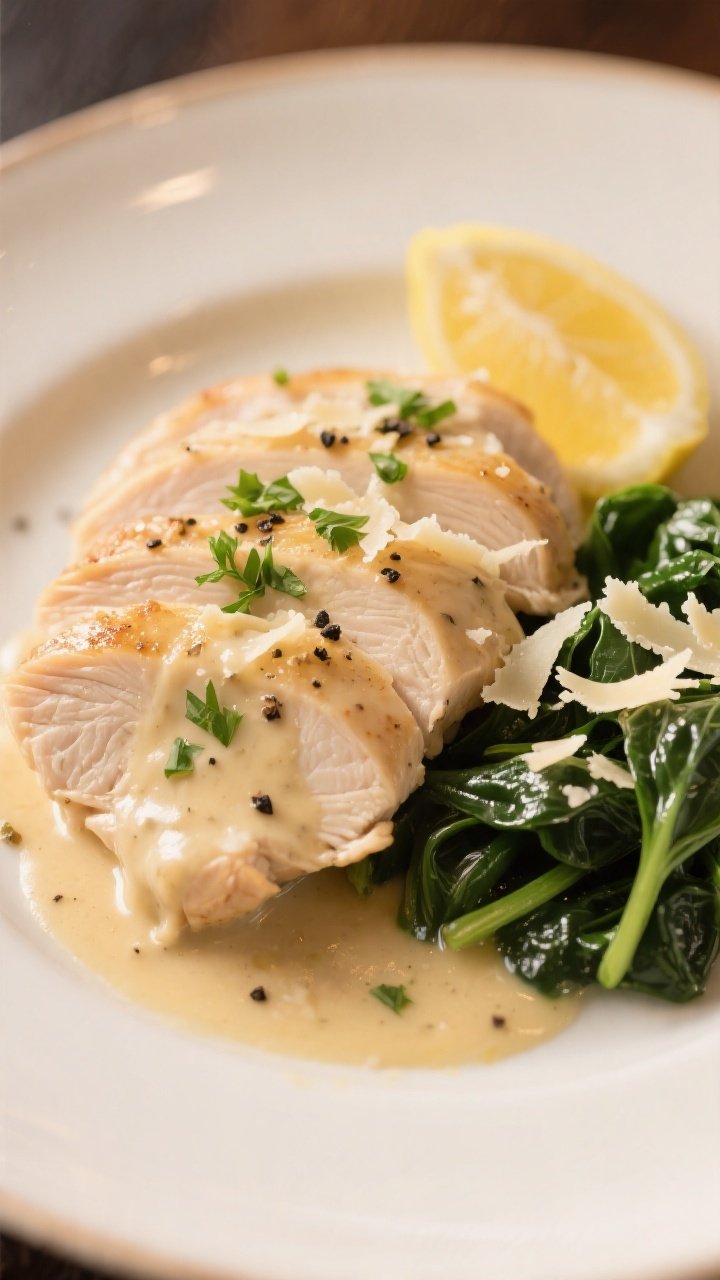 Final dish presentation: Restaurant-quality plate of sliced chicken breast fanned over creamy garlic